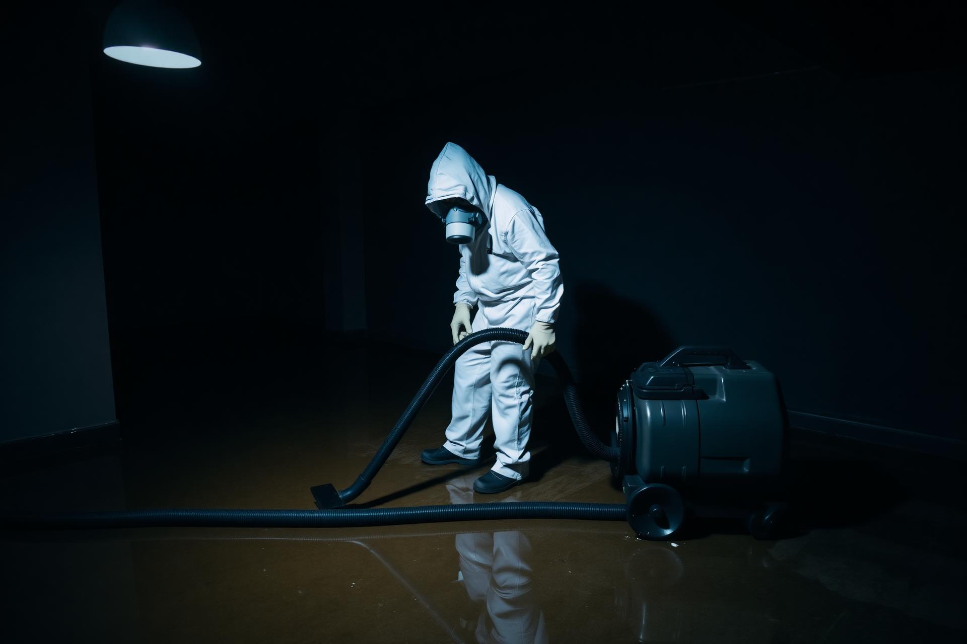 Certified technician performing sewage backup cleanup in a residential basement